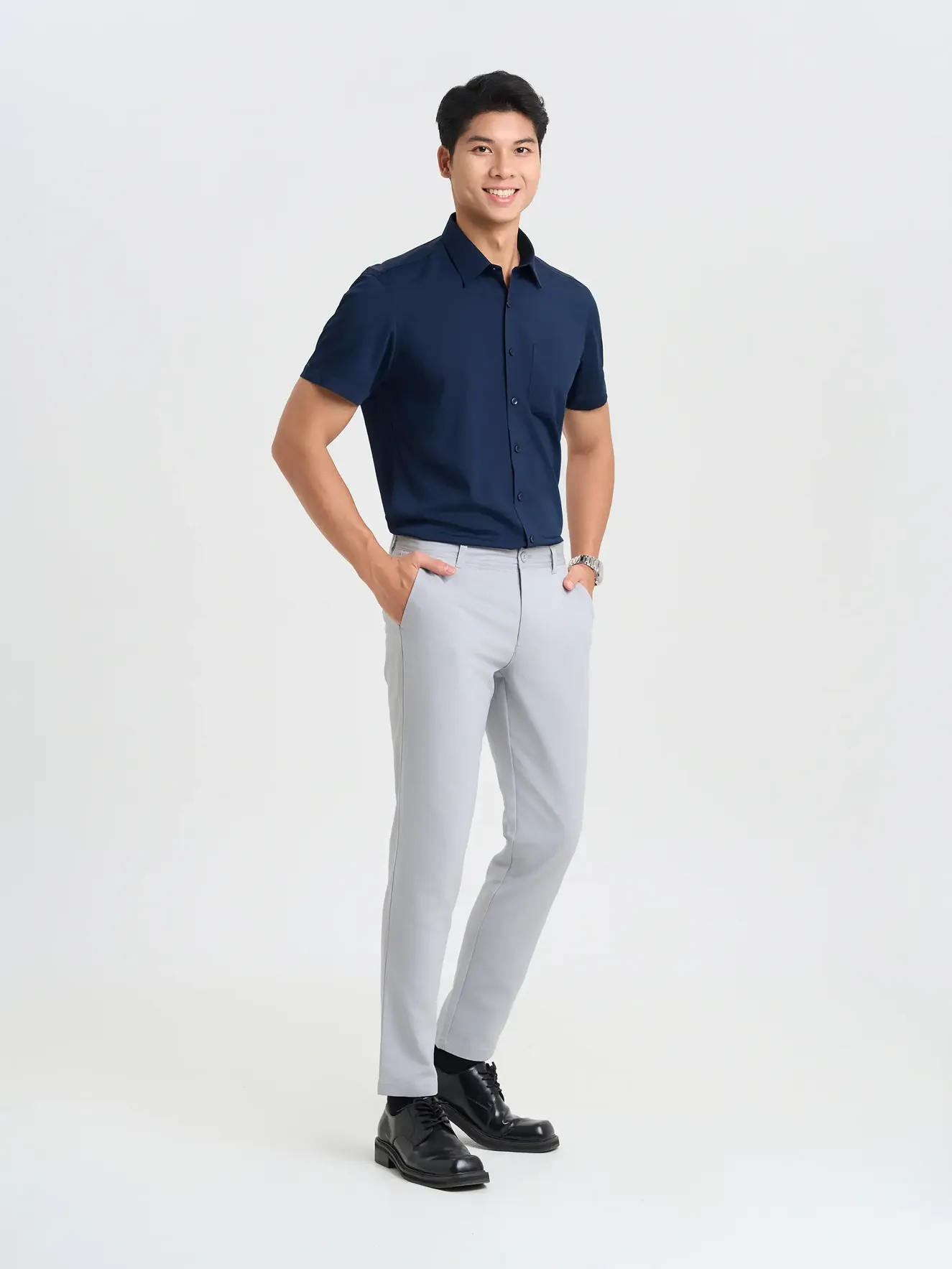 Áo Sơ Mi Nam Ngắn Tay 5S Fashion Trơn Smart Fit ASC25032 - Ảnh 5